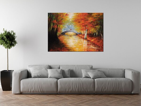 Ručně malovaný obraz Po podzimním mostě Rozměry: 100 x 70 cm