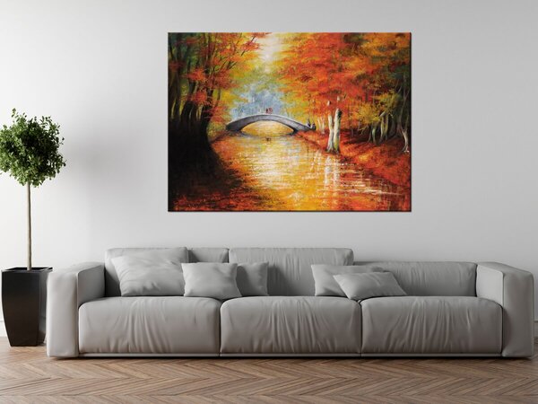 Ručně malovaný obraz Po podzimním mostě Rozměry: 100 x 70 cm