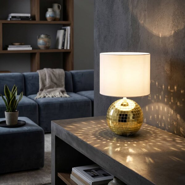 Reality Leuchten Stolní lampa Glitza, zlatá/bílá, textil, plast, E14, Mosaz / zlato, Obývací pokoj / jídelna, Plast, Moderní