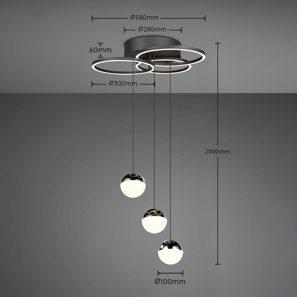 Reality Leuchten LED závěsné svítidlo Larino, kulaté, černé, kovové, dálkové ovládání, stmívatelný, Černá, Obývací pokoj / jídelna, kov, Moderní