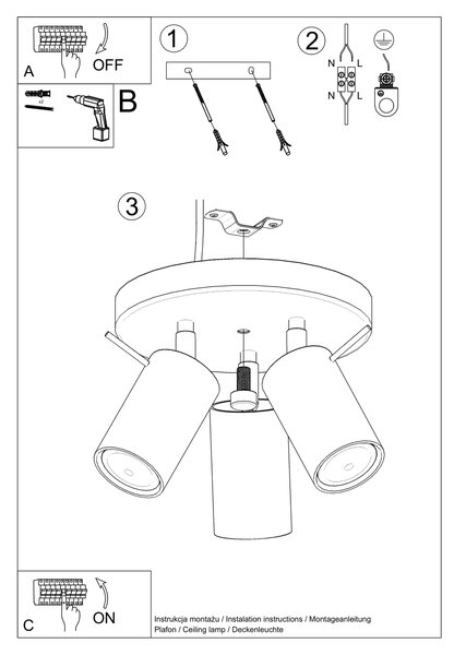 Stropní svítidlo Ring, 3x béžové kovové stínítko, (možnost polohování)