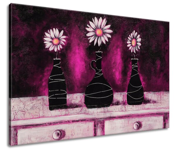 Ručně malovaný obraz Kopretinové růžové trio Rozměry: 120 x 80 cm