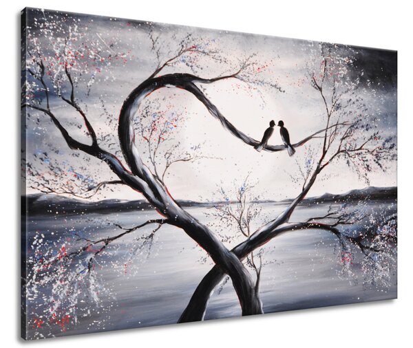 Ručně malovaný obraz Ptačí láska na větvi Rozměry: 120 x 80 cm