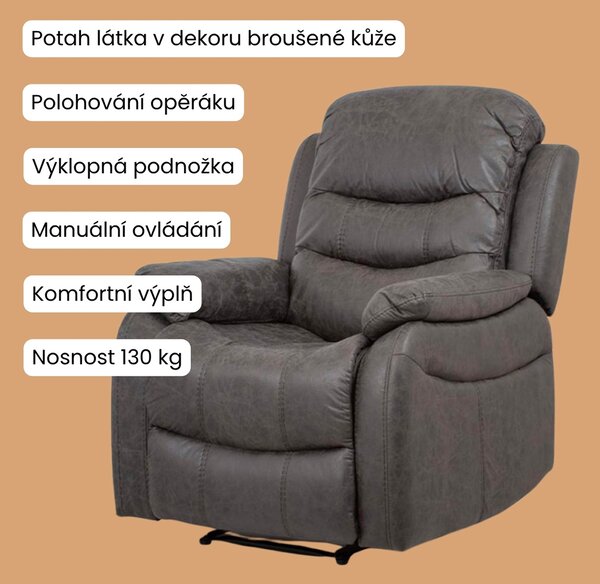 Vikio TV a relaxační křeslo, manuální polohování, potah šedá látka v dekoru kůže AKR138S
