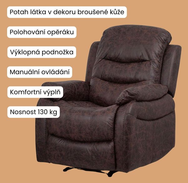 Vikio TV a relaxační křeslo manuální polohování potah tm. hnědá látka v dekoru kůže AKR138B