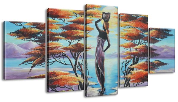 Ručně malovaný obraz Africká žena s košíkem - 5 dílný Rozměry: 150 x 70 cm