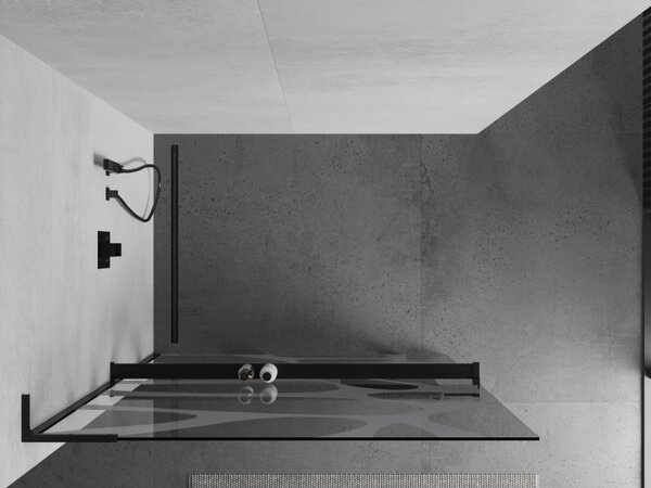 Mexen Kioto+ L, sprchová zástěna Walk-In s poličkou a věšákem 80 x 200 cm, 8mm čiré sklo bílý vzor, ​​černý profil, 800-080-123-70-97
