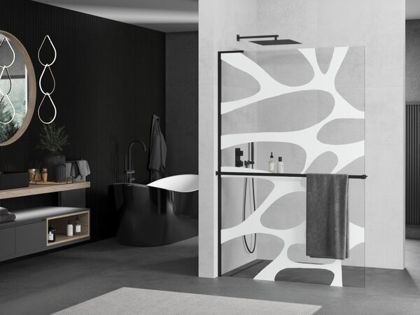 Mexen Kioto+ L, sprchová zástěna Walk-In s poličkou a věšákem 80 x 200 cm, 8mm čiré sklo bílý vzor, ​​černý profil, 800-080-123-70-97