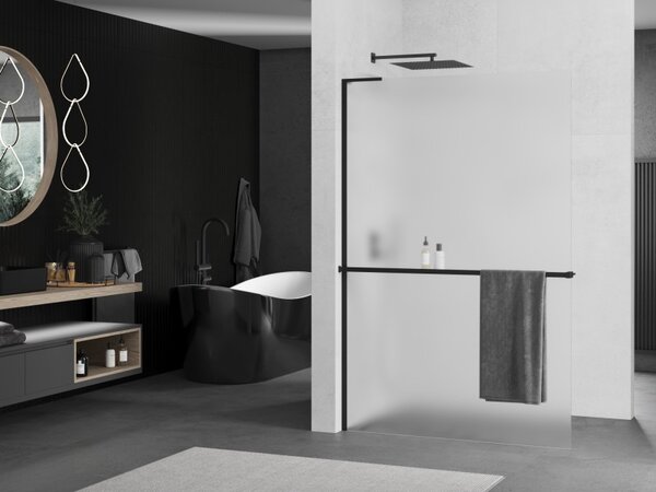 Mexen Kioto+ L, sprchová zástěna Walk-In s poličkou a věšákem 110 x 200 cm, 8mm sklo námraza, černý profil, 800-110-123-70-30