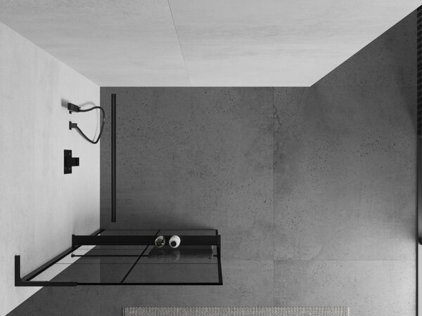 Mexen Kioto+ L, sprchová zástěna Walk-In s poličkou a věšákem 70 x 200 cm, 8mm čiré sklo černý vzor, ​​černý profil, 800-070-123-70-77