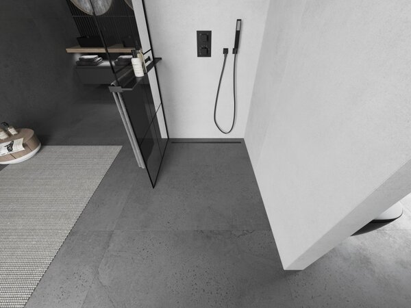 Mexen Kioto+ L, sprchová zástěna Walk-In s poličkou a věšákem 70 x 200 cm, 8mm čiré sklo černý vzor, ​​černý profil, 800-070-123-70-77