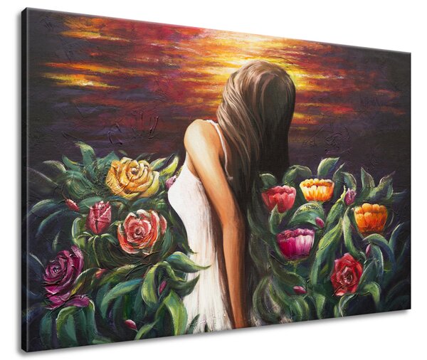 Ručně malovaný obraz Žena mezi květinami Rozměry: 120 x 80 cm