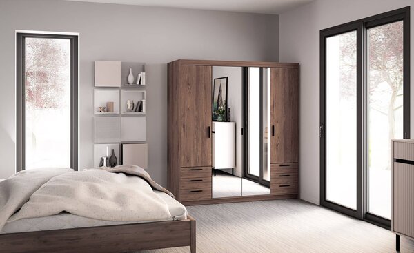 Šatní skříň Rene 176 cm dub lefkas stylový design ABS hrany šatní skříň se zrcadlem do ložnice nebo šatny prostorné zásuvky
