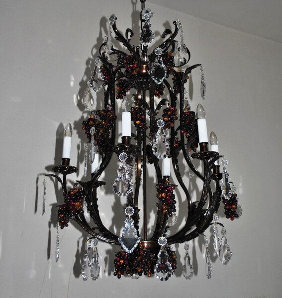 Šestiramenný designový lustr z tmavého kovu zdobený barevnými skleněnými hrozny Alex70x100-6-grapes