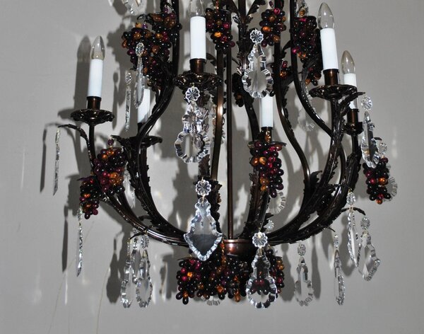 Šestiramenný designový lustr z tmavého kovu zdobený barevnými skleněnými hrozny Alex70x100-6-grapes