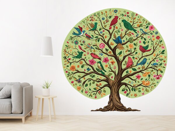 Strom s ptáčky textilní přelepitelná samolepka na zeď arch 75 x 74 cm
