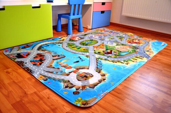 Vopi, Protiskluzový kusový koberec Ultra Soft Město s pláží, 75x112, vícebarevná, dětský pokoj