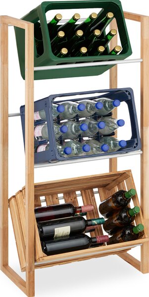 Regál na bedýnky s nápoji Relaxdays, VxxH: 112 x 58 x 32 cm, stojan na 3 bedýnky, dřevo a elezo, pírodní/stíbrná