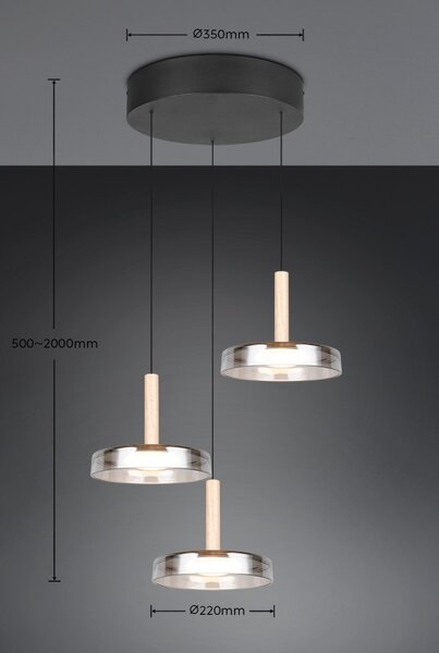 TRIO 354930332 CELESTE závěsné svítidlo D350mm SMD LED 3x7,5W/750lm 3000K černá, dřevo, switchdimmer