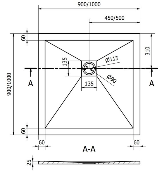 Mexen Stone+ čtvercový kompozitní sprchový kout 90 x 90 cm, bílý, zlatá krytka - 44109090-G