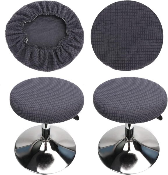 Sada dvou potahů na kulaté barové židle, omyvatelné, rozměry 30-40 cm, materiál: polyester a Elastan, barva: šedá, vhodné do kuchyně