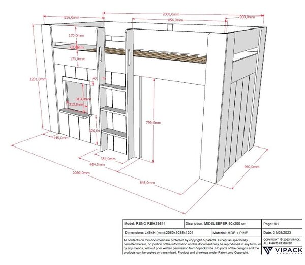 Bílá vyvýšená dětská postel z borovicového dřeva 90x200 cm RENO – Vipack