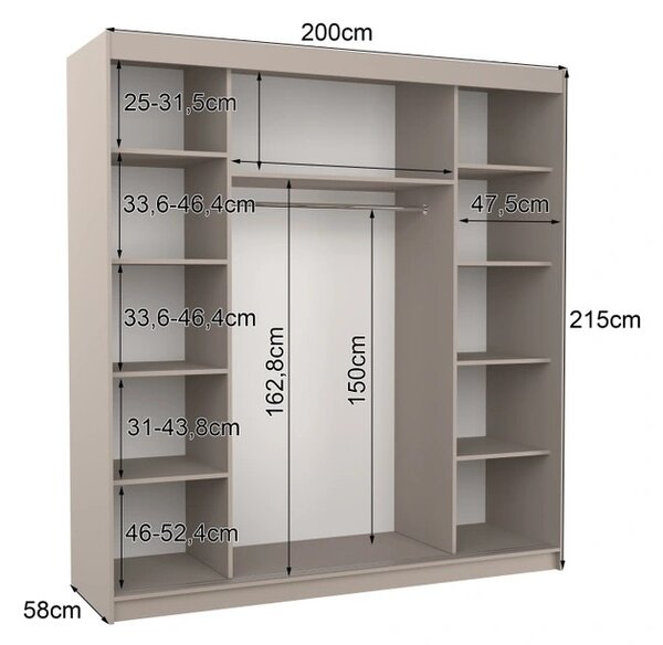Šatní skříň se zrcadlem 200 cm HANIA - kašmírová
