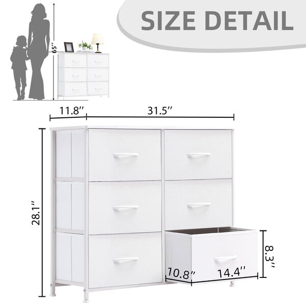 Komoda s zásuvkami potaženými látkou, 6 zásuvek, rozměry 30 cm (šířka) x 80 cm (hloubka) x 71,5 cm (výška), bílá barva, vhodná do ložnice