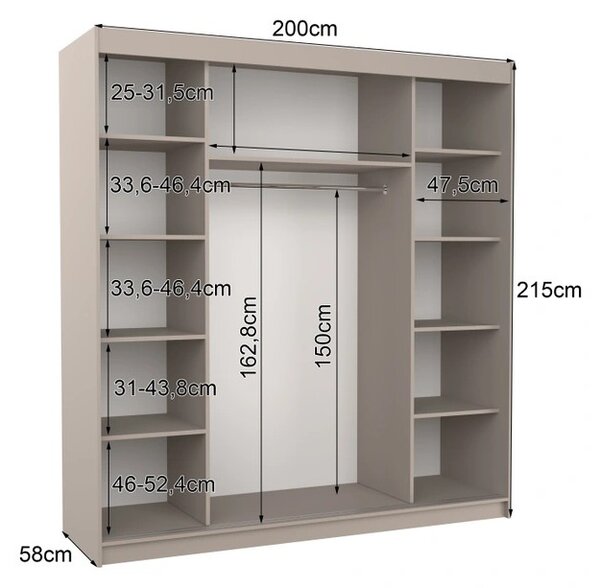 Zrcadlová šatní skříň 200 cm CAFRIX - kašmír