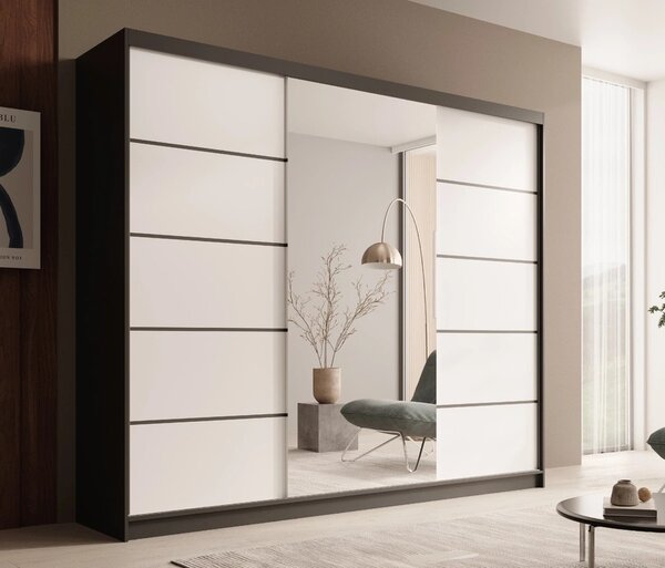 Velká šatní skříň se zrcadlem 250 cm PORA - černá / bílá