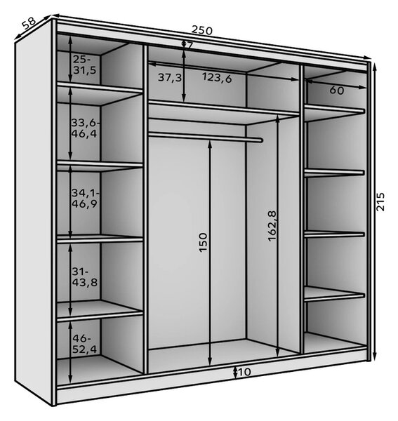 Velká šatní skříň se zrcadlem 250 cm PORA - bílá