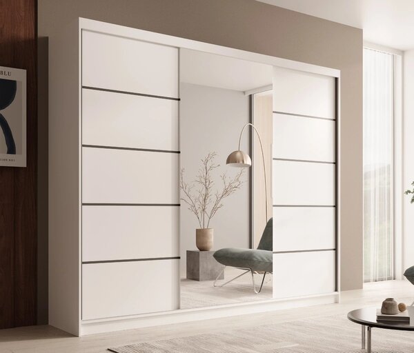 Velká šatní skříň se zrcadlem 250 cm PORA - bílá