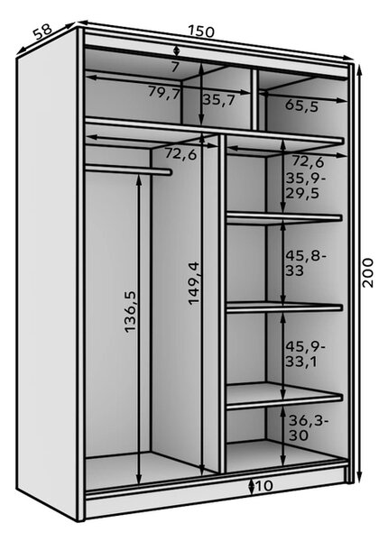 Policová šatní skříň 150 cm MENSA - bílá / černá
