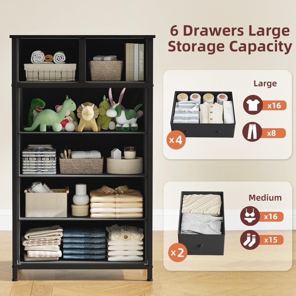 Komoda se 6 zásuvkami, rozměry 40T x 60B x 102,5H cm, ocelový rám, černá barva, pro ložnice