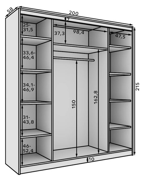 Šatní skříň se zrcadlem 200 cm MEPLA - bílá