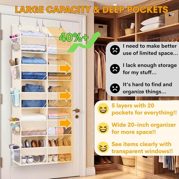 Závěsná organizér do sprchy, 5 úrovní, 10 přihrádek, nosnost 50 lbs, organizér na dveře skříně
