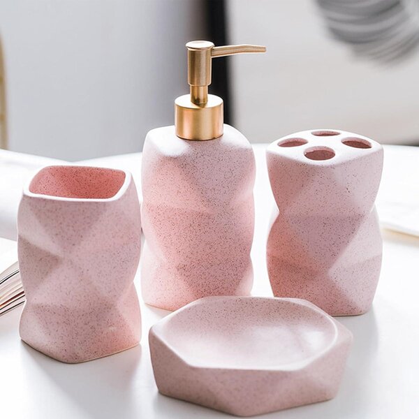 Sada koupelnových doplňků (4 kusy) – růžová: dávkovač mýdla, miska na mýdlo, držák na zubní kartáček a kelímek – moderní design