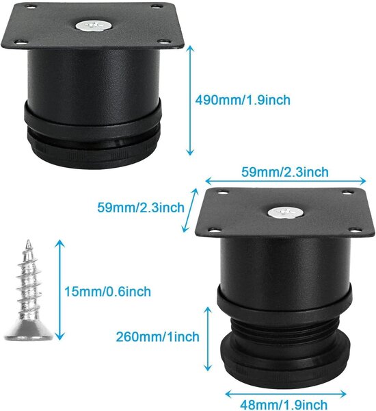 Sada 8 nastavitelných nohou na nábytek, černá barva, výška 5 cm, materiál nerezová ocel, rozměry 50x50 mm, vhodné pro skříně a lavice
