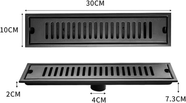 Sprchová vana 30 x 10 cm, černá nerezová ocel, s odnímatelnou mřížkou, pro koupelny