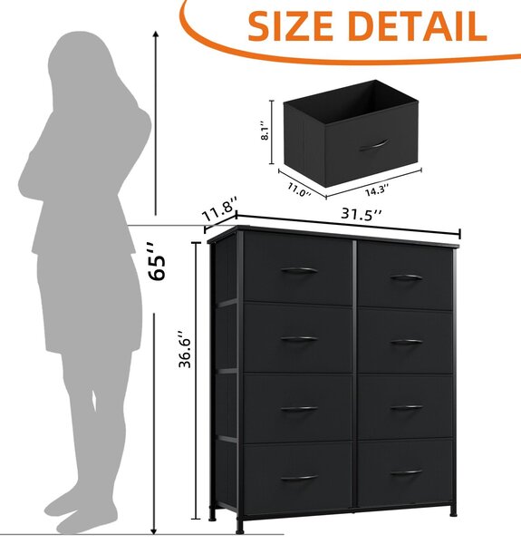 Komoda s 8 zásuvkami, černá, 30T x 80B x 93H cm, ocelová konstrukce, vhodná do ložnice