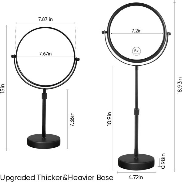 Zrcadlo na toaletní stolek, výškově nastavitelné, černé barvy, s 5x zvětšením, rozměry 20 cm, vhodné pro holení