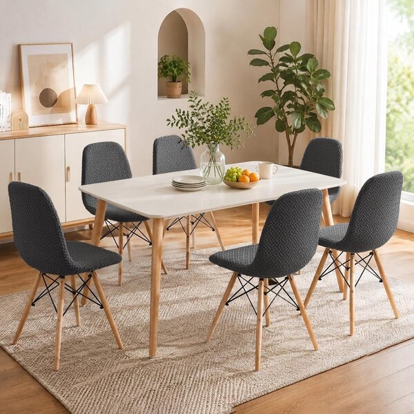 Sada potahů na jídelní židle, 6 kusů, tmavě šedá barva, styl Mid Century Modern, design mušle, ochrana pro židle