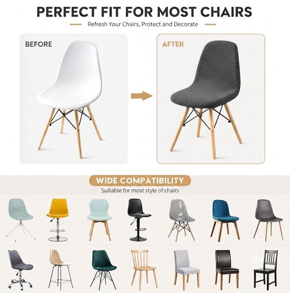 Sada potahů na jídelní židle, 6 kusů, tmavě šedá barva, styl Mid Century Modern, design mušle, ochrana pro židle