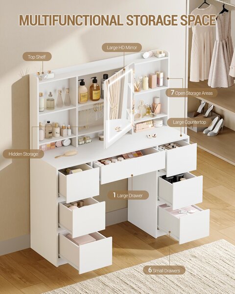 Toaletní stolek s osvětlením a velkým zrcadlem - 7 zásuvek pro úložný prostor - dřevěný, moderní, minimalistický design - nábytek do ložnice
