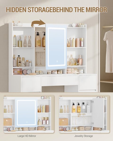 Toaletní stolek s osvětlením a velkým zrcadlem - 7 zásuvek pro úložný prostor - dřevěný, moderní, minimalistický design - nábytek do ložnice