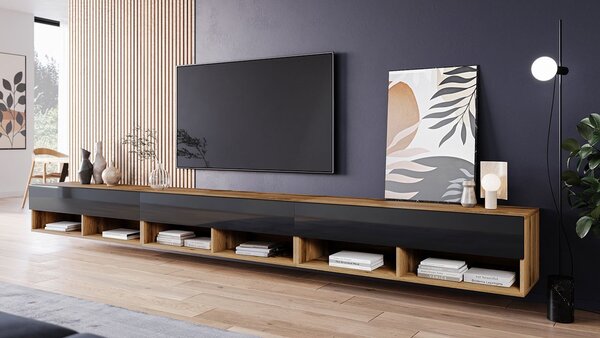 Televizní stolek 300 cm s LED osvětlením WILLA A - dub wotan / lesklý černý