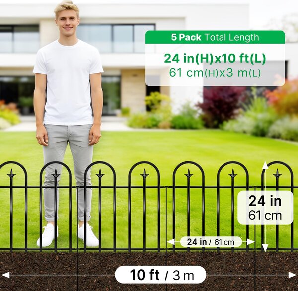 Kovový plot do zahrady, výška 61 cm, 5 panelů o délce 2,8 m, černý, určený pro venkovní použití