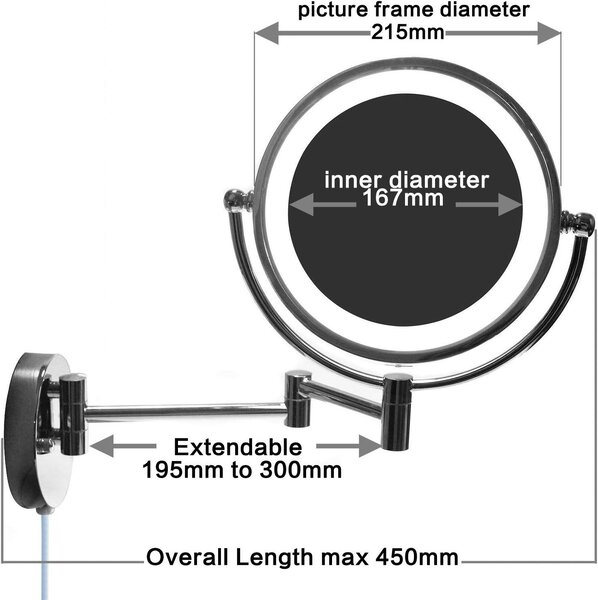 Kosmetické zrcadlo s 10násobným zvětšením, průměr 20,5 cm, s osvětlením, určené k montáži na zeď