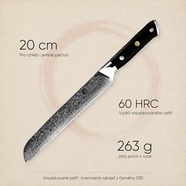 Nůž na pečivo z damaškové oceli SaKuRo G10 20 cm