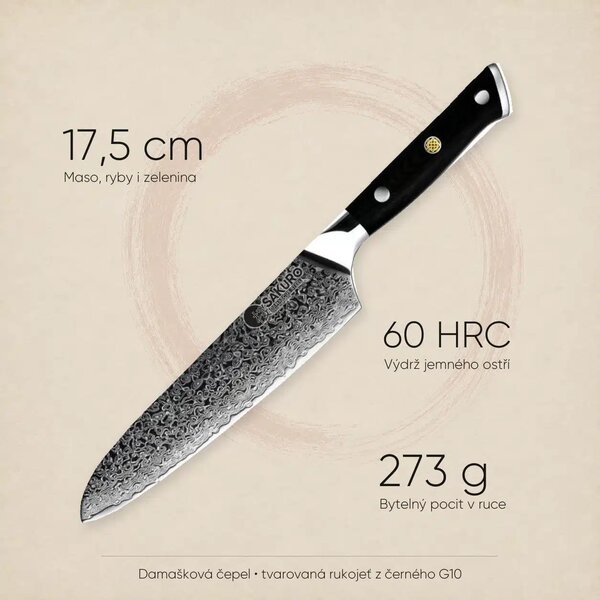 Santoku nůž z damaškové oceli SaKuRo G10 17,5 cm